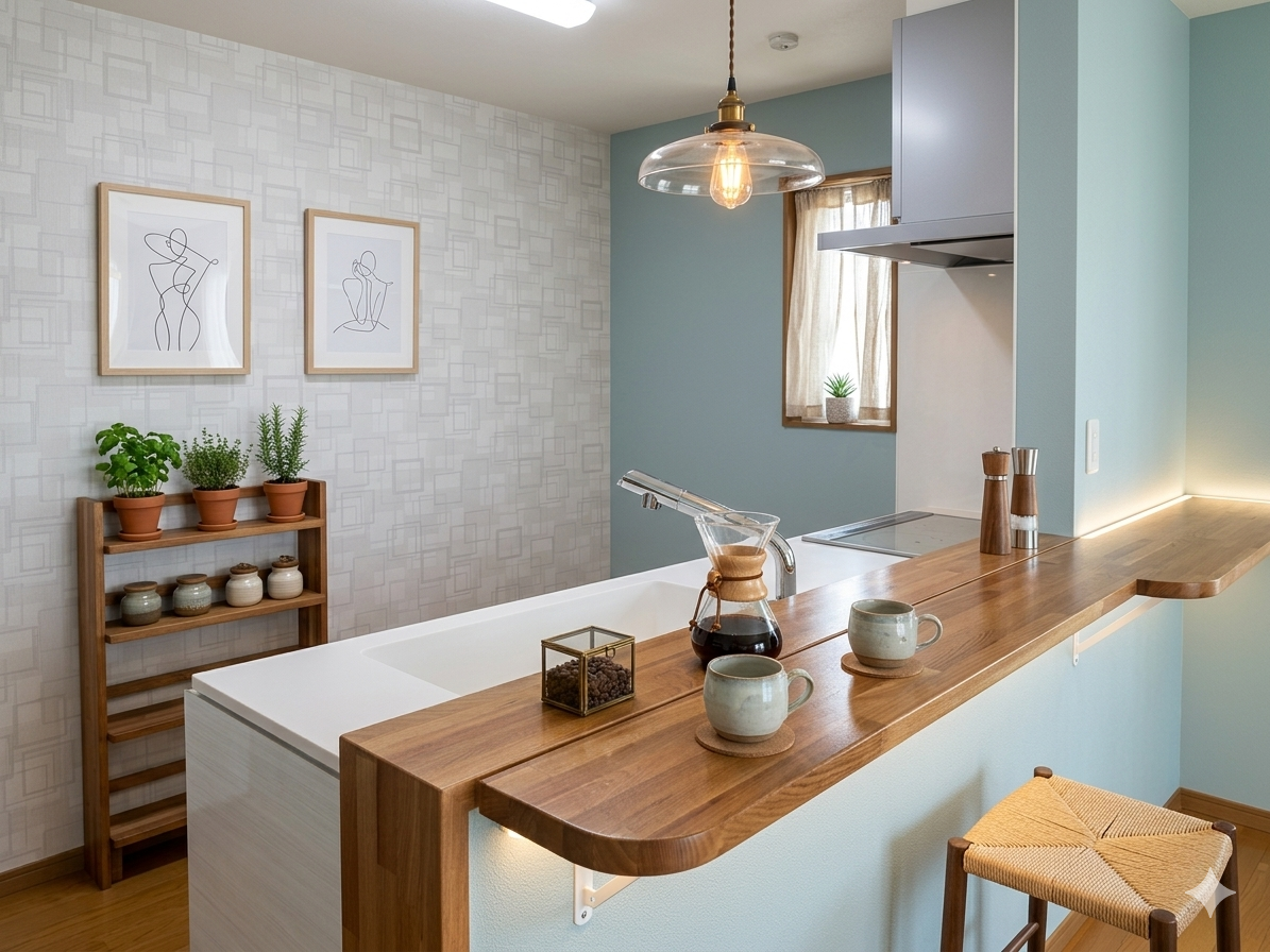 画像:完成・2階LDK 施主様オーダーの折りたためるキッチンカウンター。大工さんの手作りです。