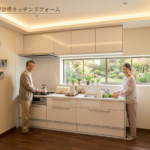 サムネイル:完成 ホーロー素材のシステムキッチンに入れ替え、傷がつきにくく掃除も楽。大容量の収納も魅力です。