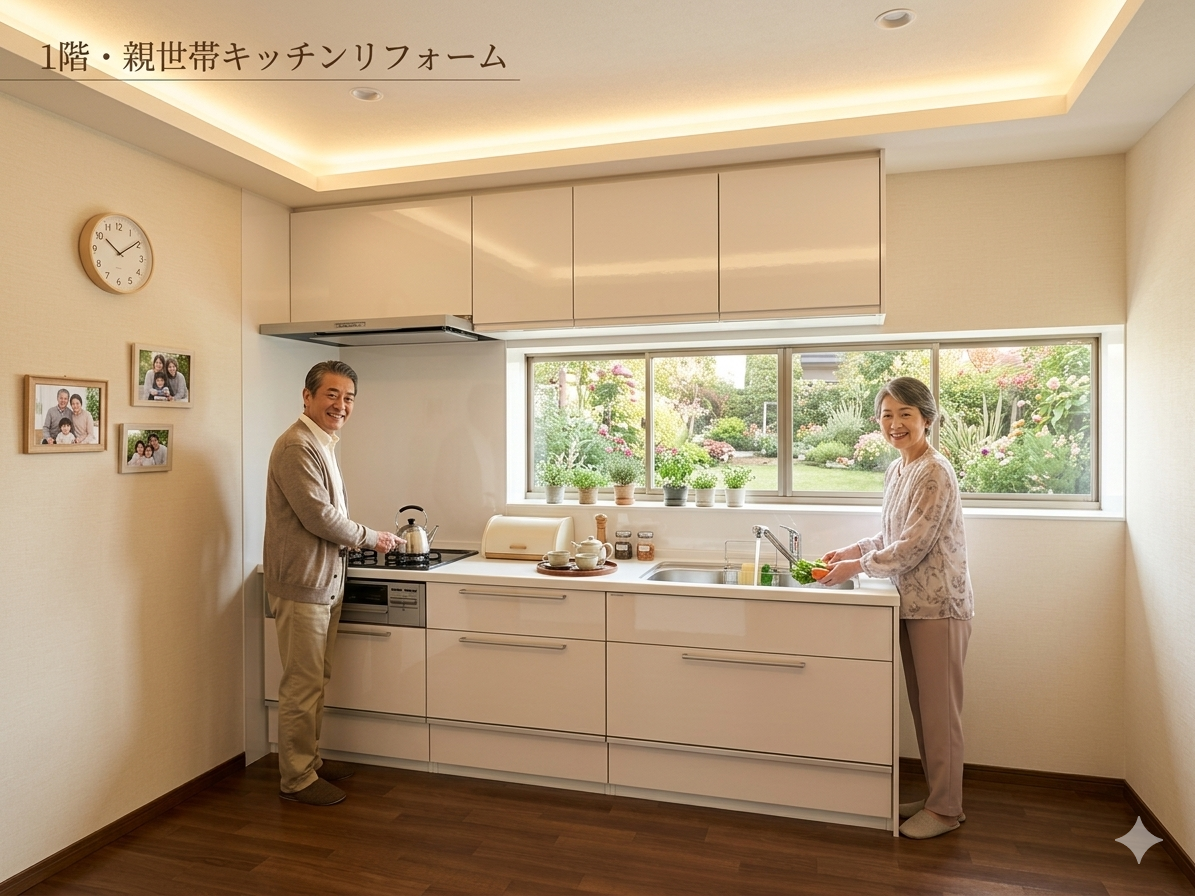 画像:完成 ホーロー素材のシステムキッチンに入れ替え、傷がつきにくく掃除も楽。大容量の収納も魅力です。